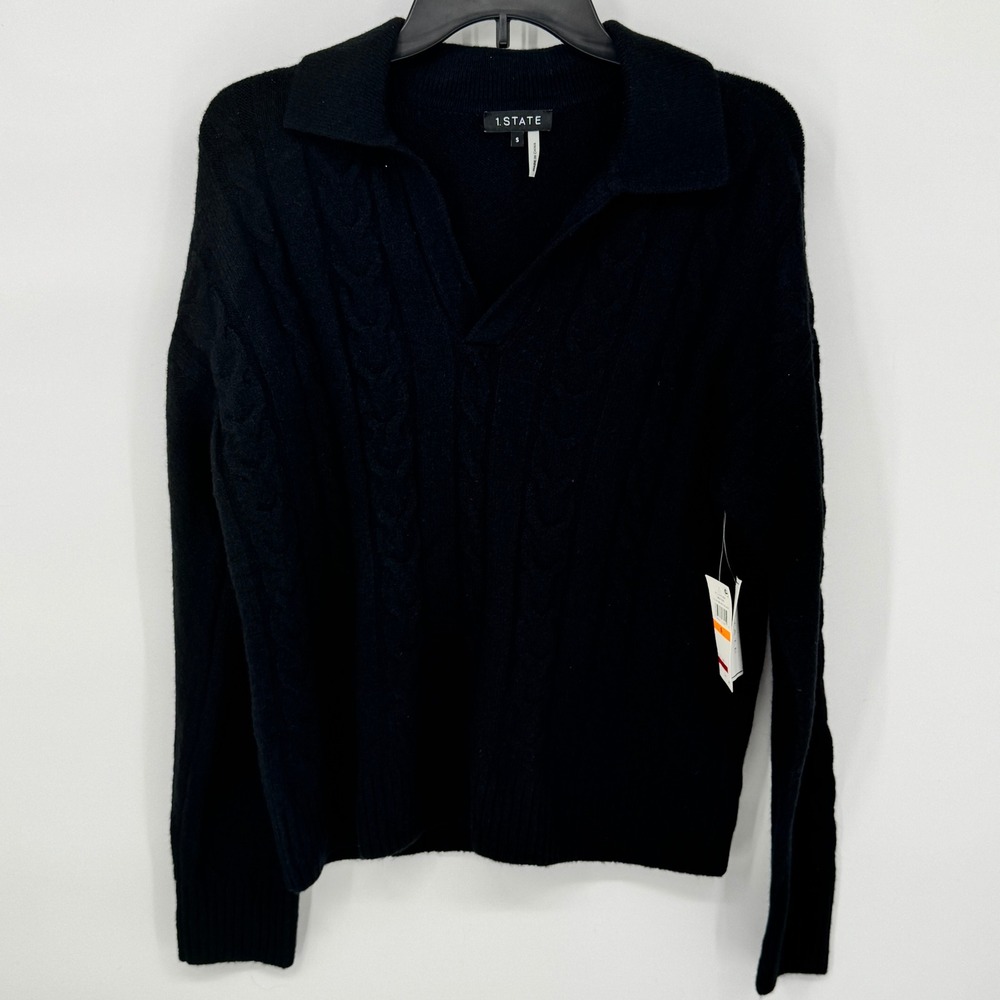 1 STATE Womens Black Cable Knit‎ Collared Pullover Sweater Size Small Soft New